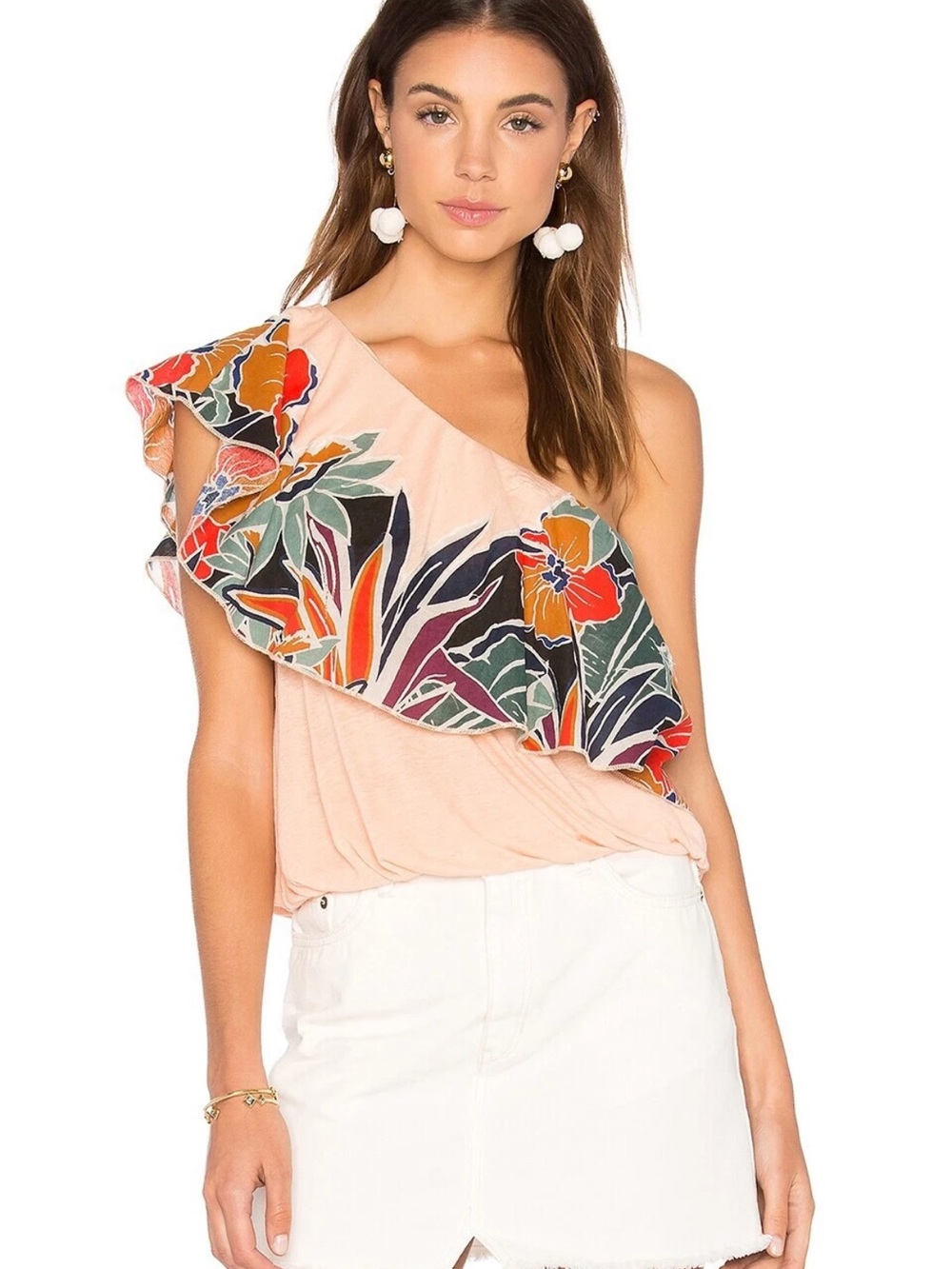 Free People Blush One-Shoulder Floral Ruffle Crop Top